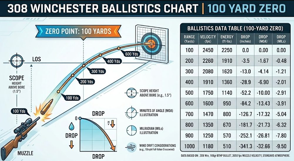 308 Ballistics Chart 100 Yard Zero