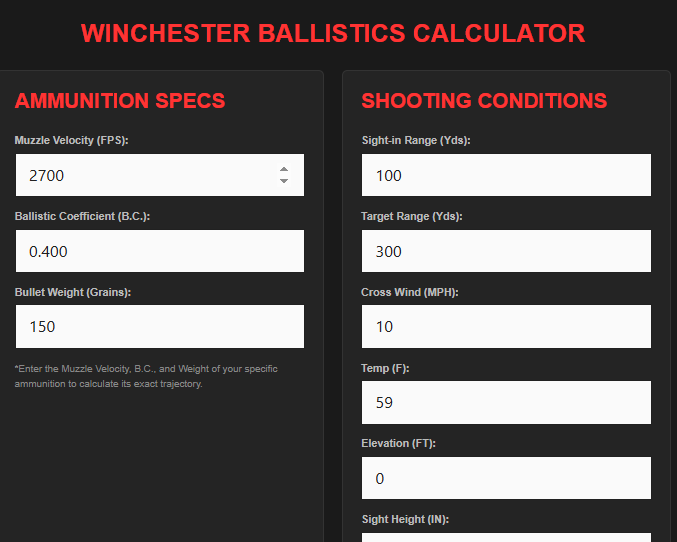 Winchester Ballistics Calculator