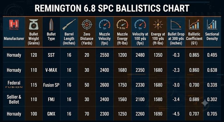 Remington 6.8 SPC Ballistics Chart