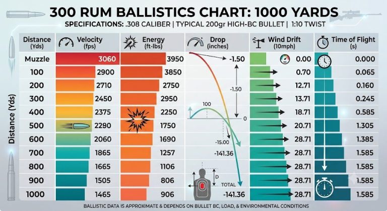 300 RUM Ballistics Chart 1000 Yards