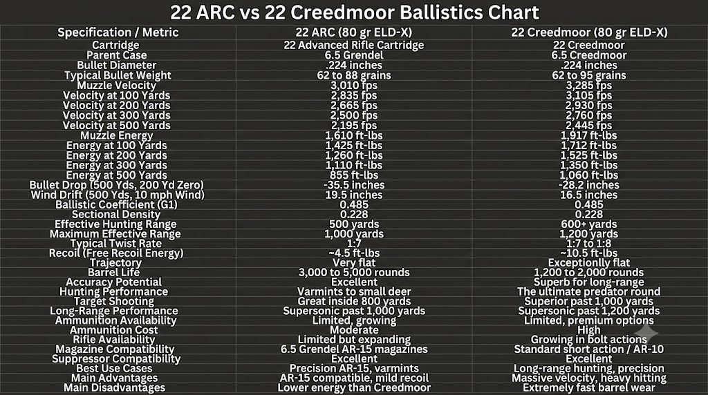 22 ARC vs 22 Creedmoor Ballistics Chart