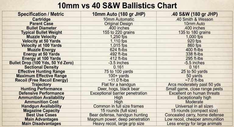 10mm vs 40 S&W Ballistics Chart