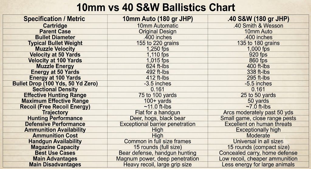 10mm vs 40 S&W Ballistics Chart