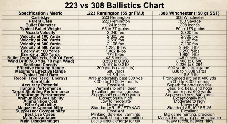 223 vs 308 Ballistics Chart