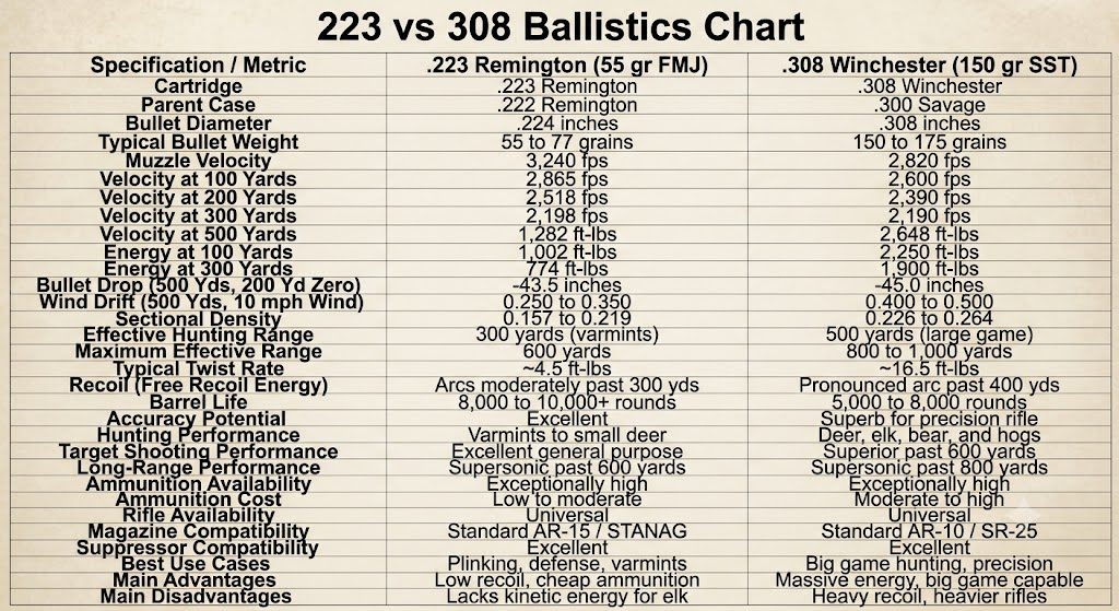 223 vs 308 Ballistics Chart