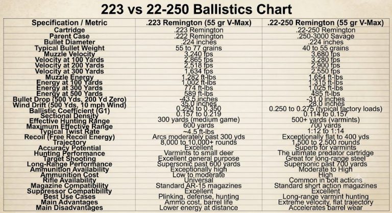 223 vs 22-250 Ballistics Chart