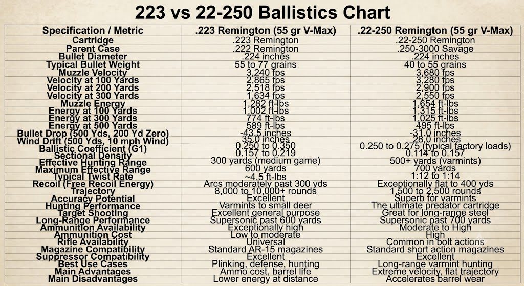 223 vs 22-250 Ballistics Chart