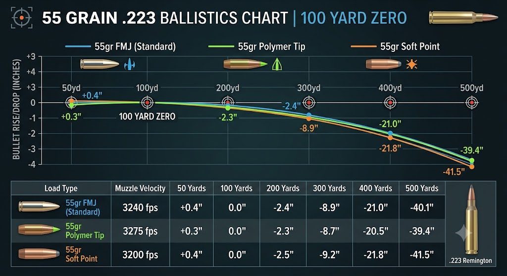 55 Grain 223 Ballistics Chart 100 Yard Zero