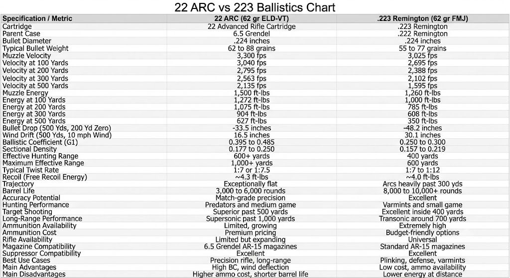 22 ARC vs 223 Ballistics Chart