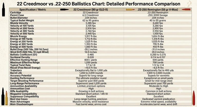 22 Creedmoor vs 22 250 Ballistics Chart