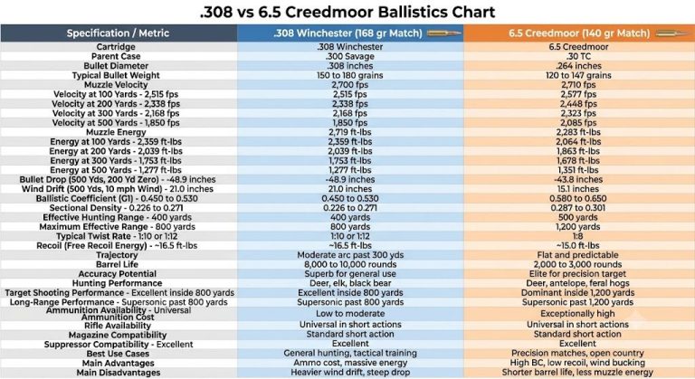 .308 vs 6.5 Creedmoor Ballistics Chart