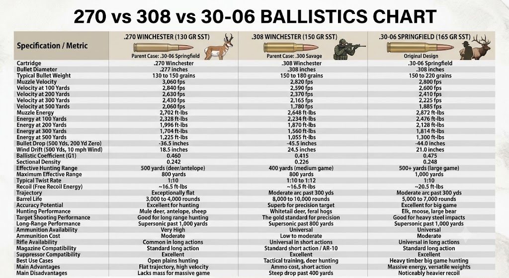 270 vs 308 vs 30-06 Ballistics Chart