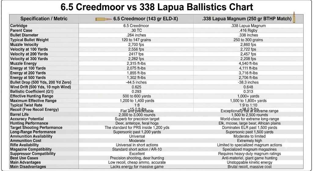 6.5 Creedmoor vs 338 Lapua Ballistics Chart