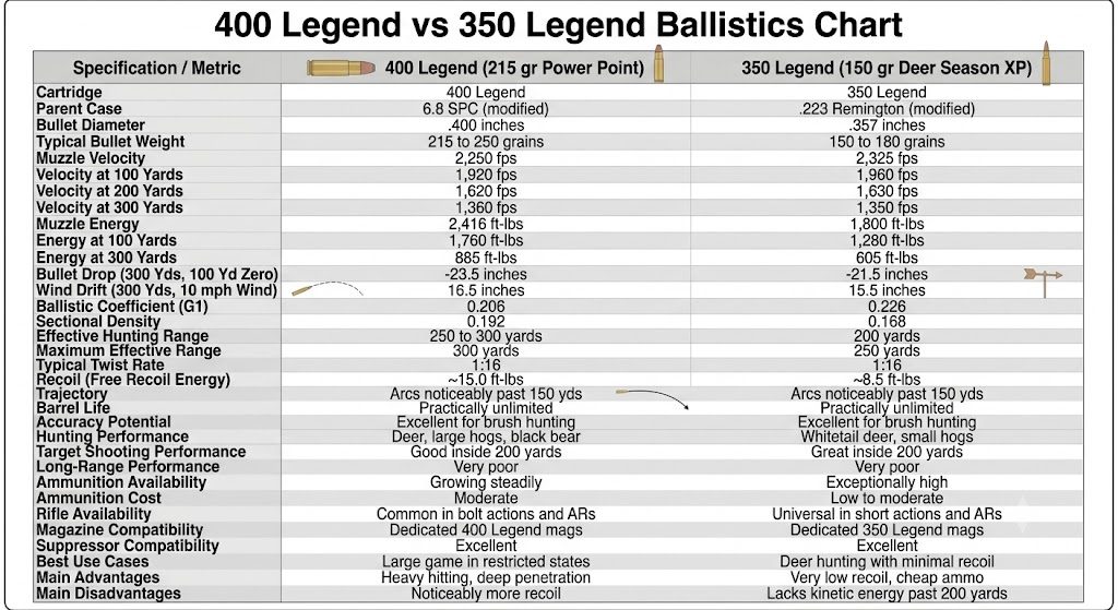 400 Legend vs 350 Legend Ballistics Chart
