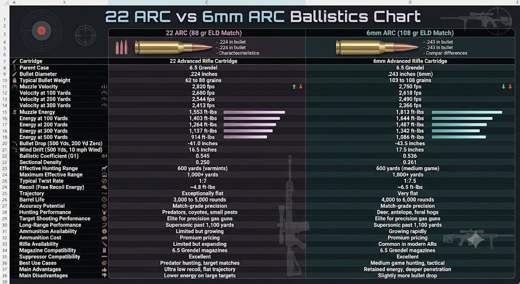 22 ARC vs 6mm ARC Ballistics Chart