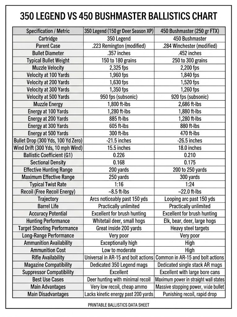 350 Legend vs 450 Bushmaster Ballistics Chart