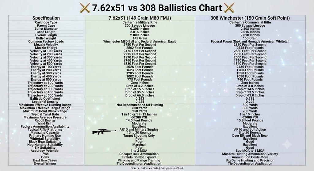 7.62x51 vs 308 Ballistics Chart