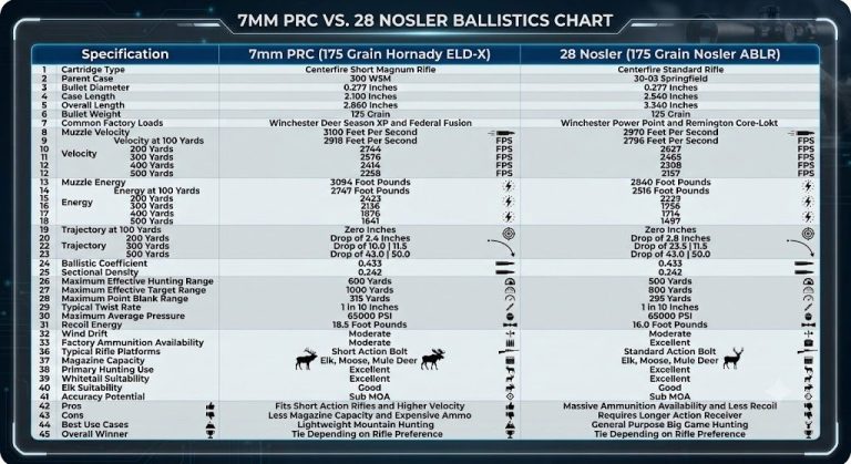 7mm PRC vs 28 Nosler Ballistics Chart