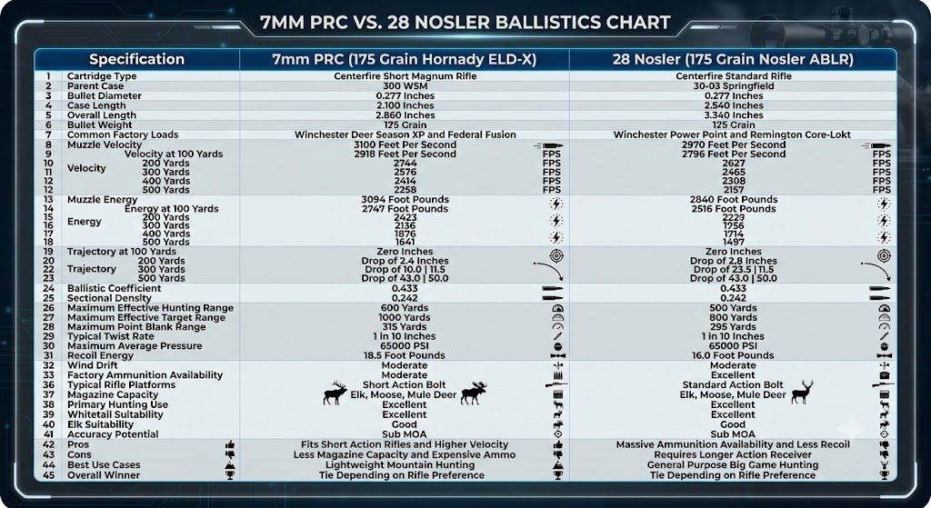 7mm PRC vs 28 Nosler Ballistics Chart
