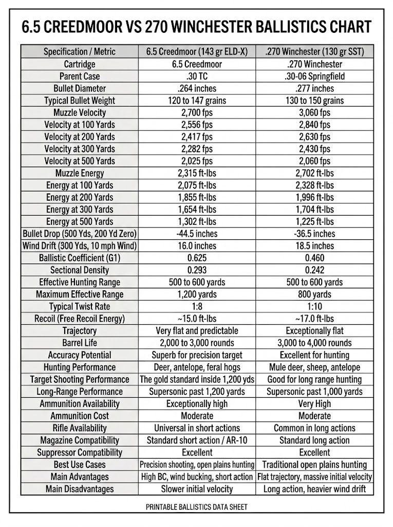 6.5 Creedmoor vs 270 Ballistics Chart
