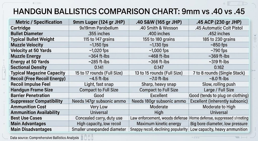9mm vs 40 vs 45 Ballistics Chart