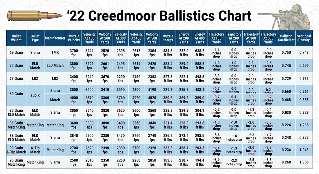 22 Creedmoor Ballistics Chart