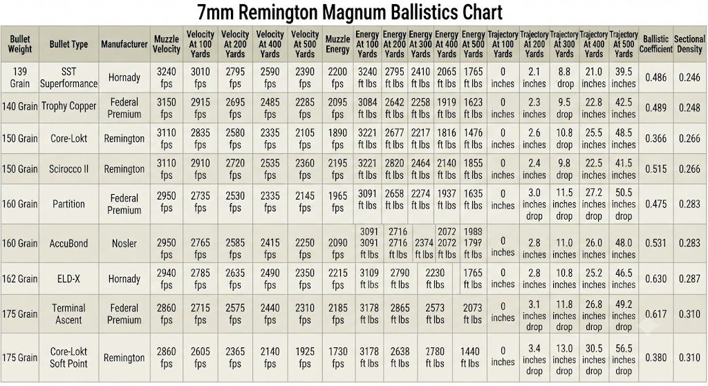 7mm Remington Magnum Ballistics Chart