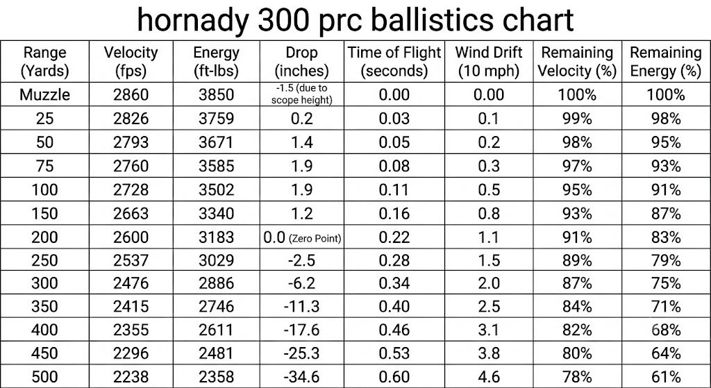 Hornady 300 PRC Ballistics Chart