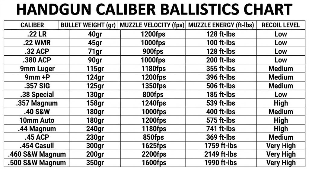 Handgun Caliber Ballistics Chart