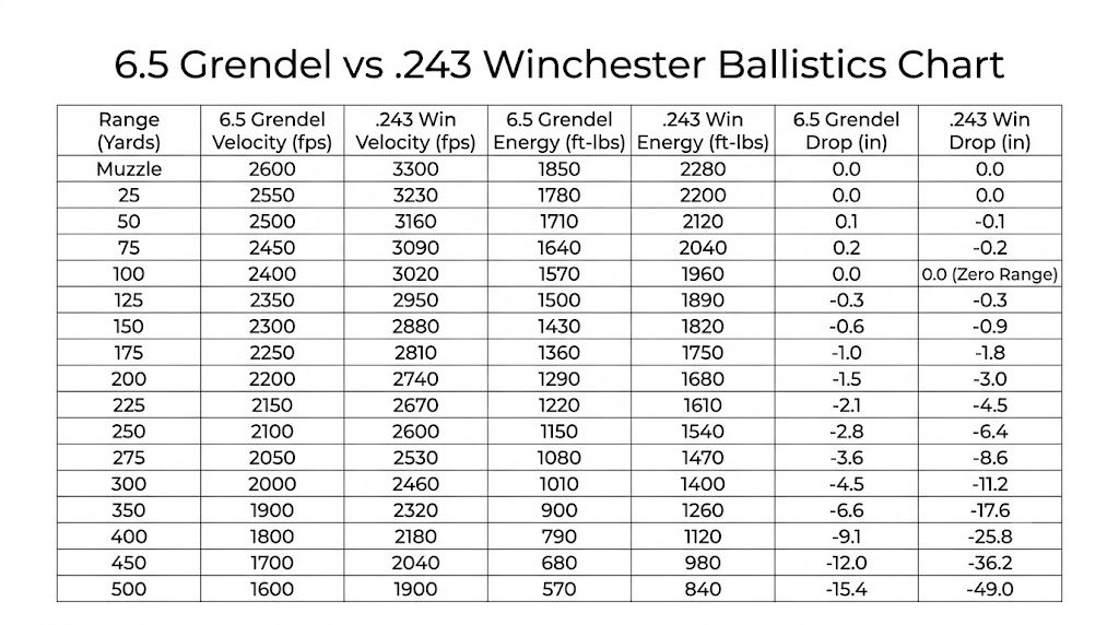 6.5 Grendel vs 243 Ballistics Chart