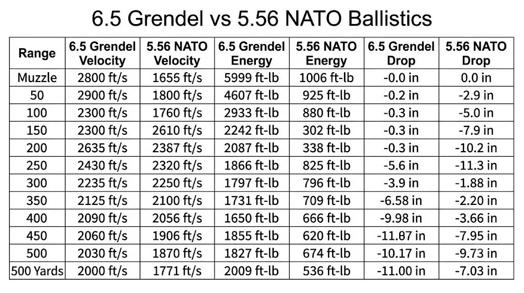 6.5 Grendel vs 5.56 Ballistics Chart