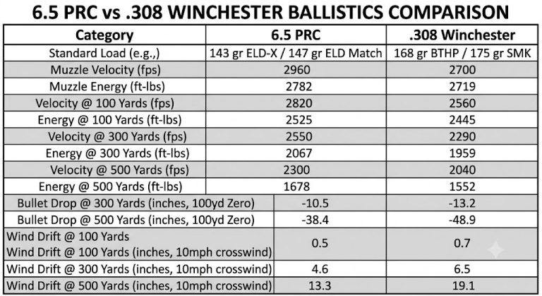 6.5 PRC vs .308 Ballistics Chart
