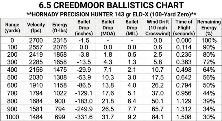 Ballistics Chart for 6.5 Creedmoor