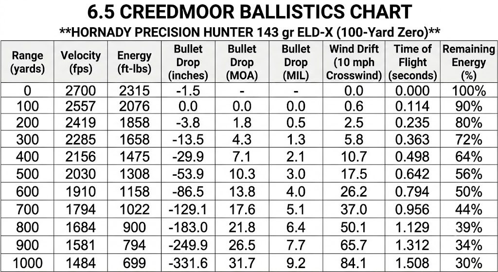 Ballistics Chart for 6.5 Creedmoor