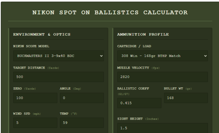 Nikon Spot on Ballistics Calculator