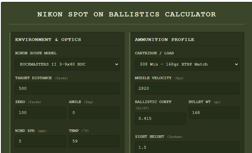 Nikon Spot on Ballistics Calculator