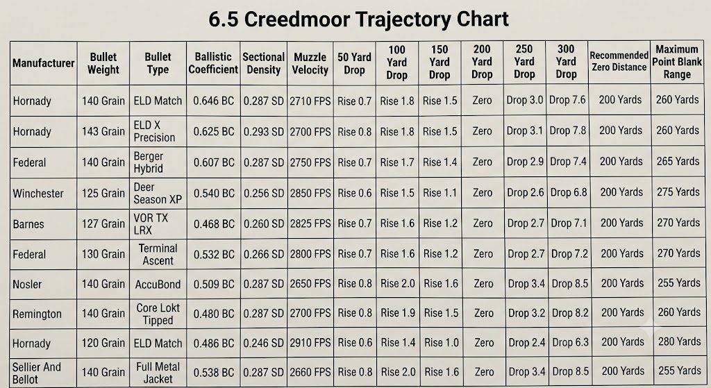 6.5 Creedmoor Trajectory Chart