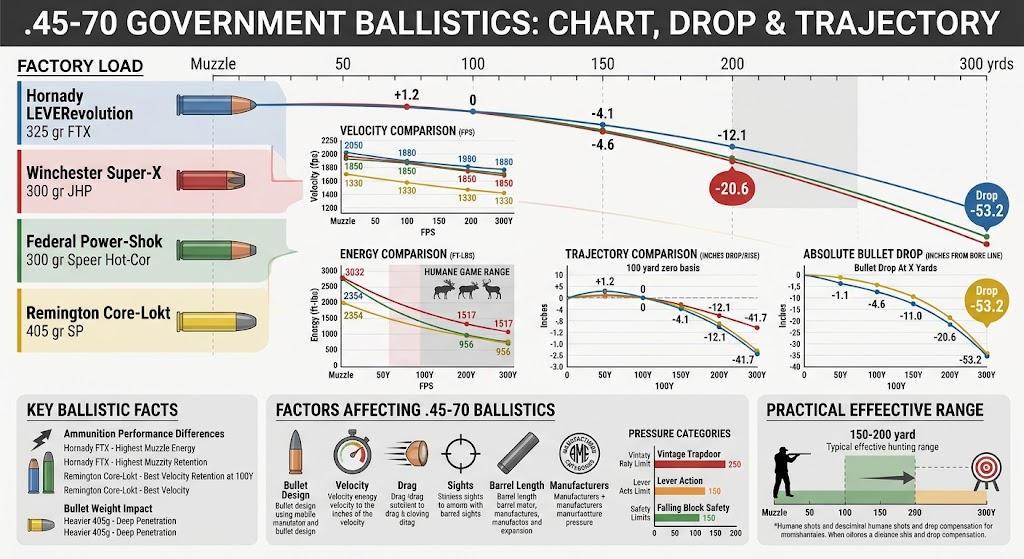 45-70 Ballistics: Bullet Drop and Trajectory Chart