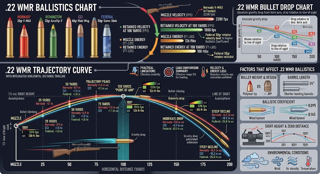 22 WMR Ballistics: Bullet Drop and Trajectory Chart