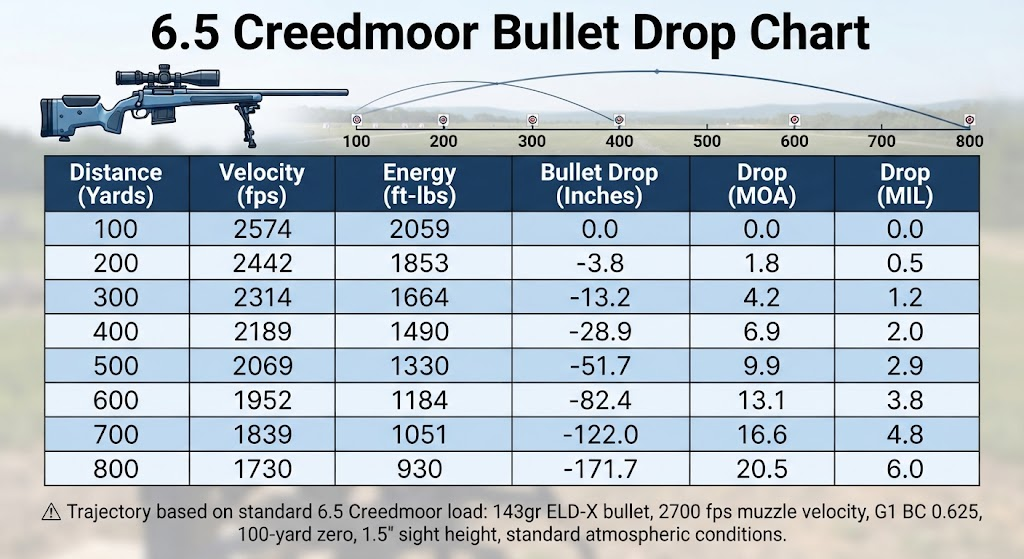 6.5 Creedmoor Bullet Drop Chart