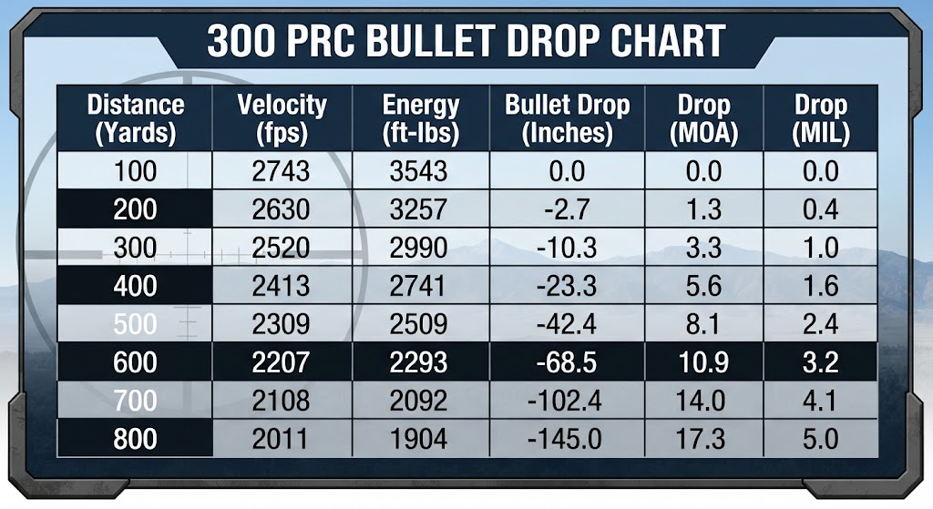 300 PRC Bullet Drop Chart 300 PRC Bullet Drop Chart
